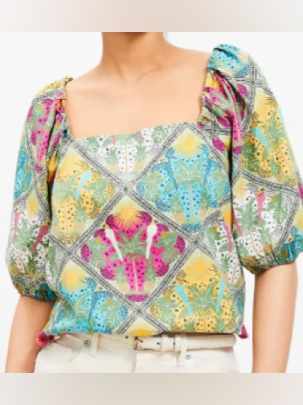 LOFT Vibrant Palm Bubble Sleeve Square Neck Blouse - Size Medium